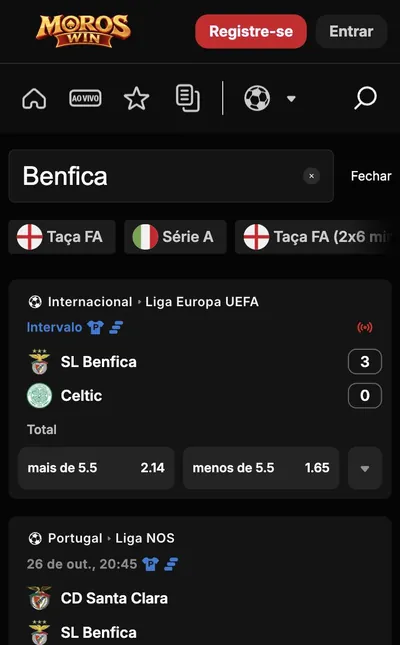 Benfica matches in MorosWin sports betting on mobile