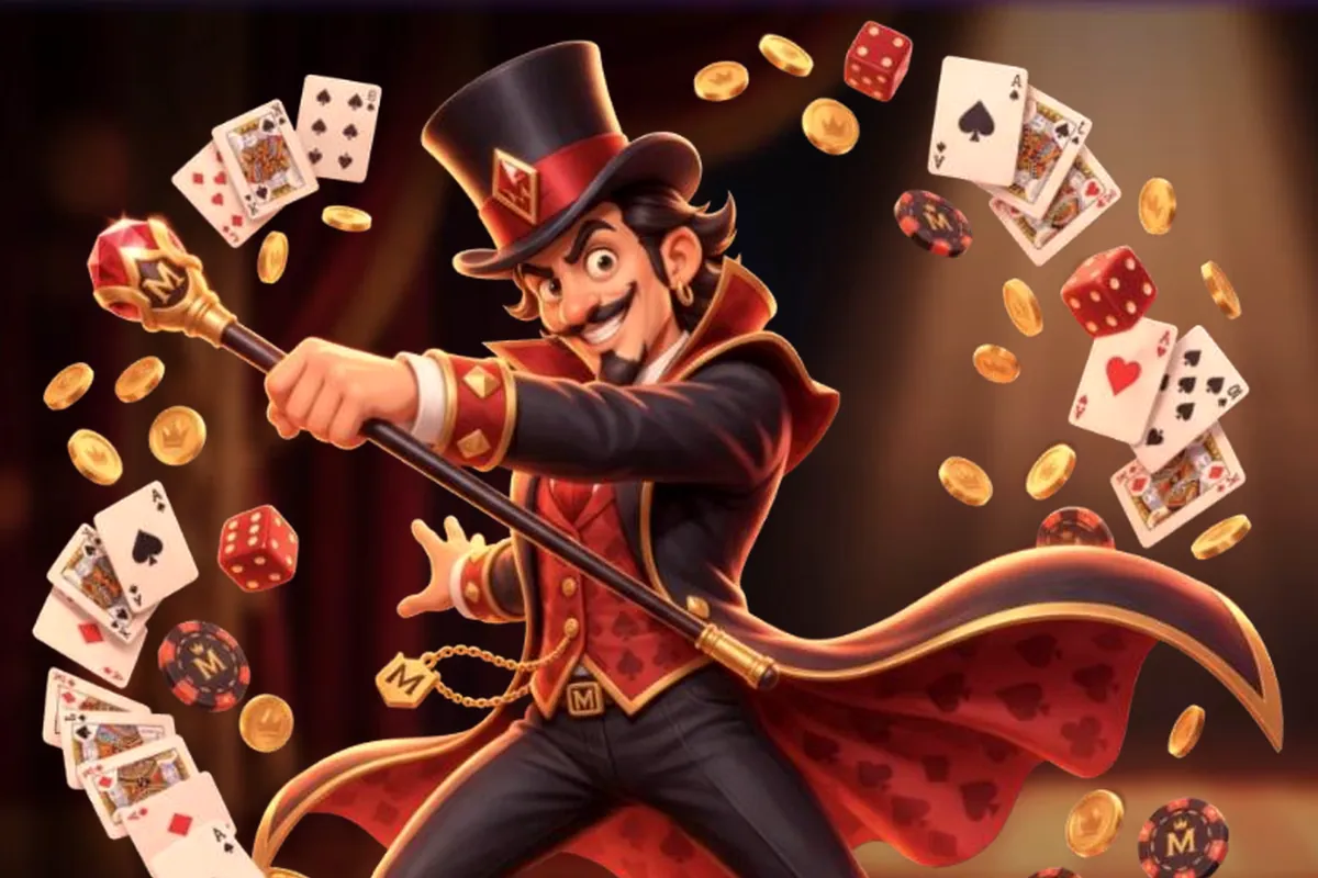 MorosWin welcome bonus pack: magician with cane and cards