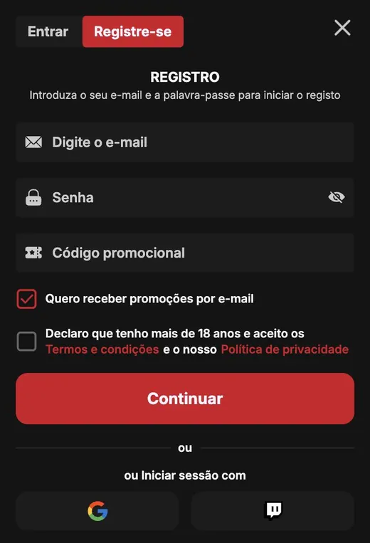 MorosWin sign-up form on mobile
